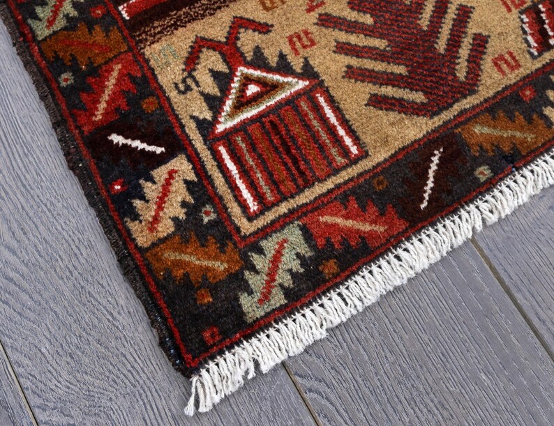 Pu&ograve; includere: Primo piano di un tappeto marrone, rosso e crema con un motivo geometrico. Il tappeto ha un bordo a frangia.