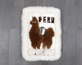 Peruvian Alpaca Llama Rug: Andean Folk Art Wall Hanging