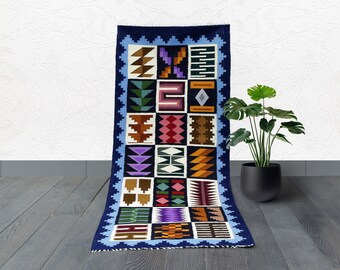 Handwoven Vibrant Colored Kilim Runner: Anatolian Tribal Motif Sampler, Wool Flatweave