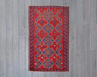 Handmade Turkish Tribal Rug – Red & Indigo Geometric Wool Rug (4.4 x 2.8 ft)