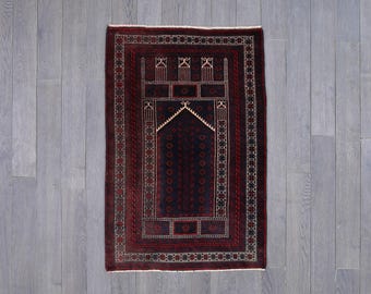 Handwoven Traditional Prayer Rug - Rich Red and Blue Geometric Patterns