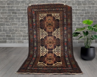 Kurdish Vintage Rug: Hand-Knotted Wool Medallion Carpet (6'3" x 3'7")