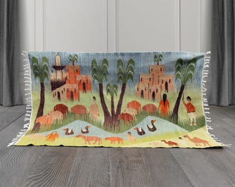 Vintage Moroccan Kilim: Handwoven Wool Oasis Scene Tapestry