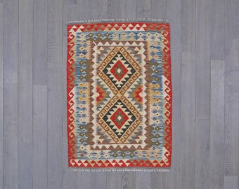 Handmade Checkered Afghan Kilim Rug | Geometric Wool Flatweave | 4.2 x 2.11 ft