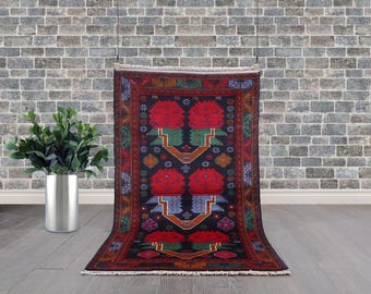 Tribal Rose Floral Rug, Hand-Knotted Afghan Wool Rug, Midnight Blue and red colored