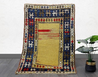 Antique Anatolian Wool Rug: Geometric Design, Yellow & Blue (3.1x2.8 ft)