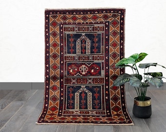 Hand-Knotted Wool Prayer Rug | Small Vintage Tribal Rug (3.9 x 2.4 ft)