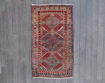 Vintage Hand-Knotted Wool Rug – Tribal Geometric Red Blue Medallion