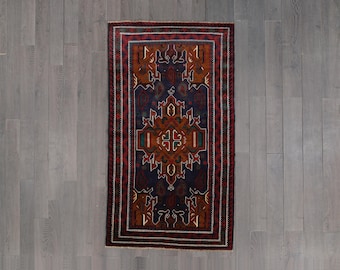 Wool Runner Rug, Vintage Hand-Knotted Rug: Tribal Medallion, Navy & Rust