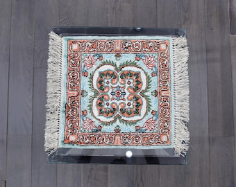 Hand-Knotted Wool Mini Rug | Turquoise, Coral Ruyi Lotus Design