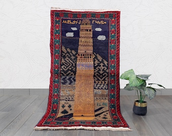 Vintage Handwoven Afghan Tower Rug | Unique Tribal Minaret Design | Wool Pictorial Tapestry