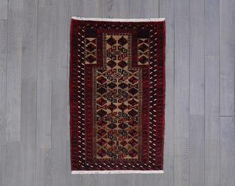 Vintage Baluch Prayer Rug: Hand-Knotted Wool, Camel & Red Mihrab Design