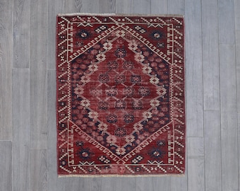 Handmade Afghan Bukhara Rug | Vintage Tribal Red Wool Carpet | Professionally Washed Small Area Rug
