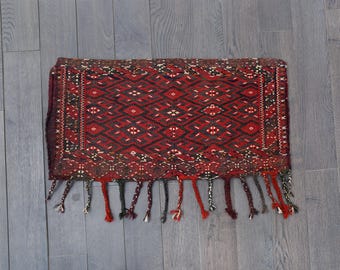 Vintage Handwoven Afghan Wool Rug | Red & Black Geometric Kilim