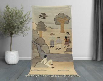 Vintage Moroccan Kilim Rug: Berber Pictorial Art, Handwoven Wool (4'9" x 2'5")