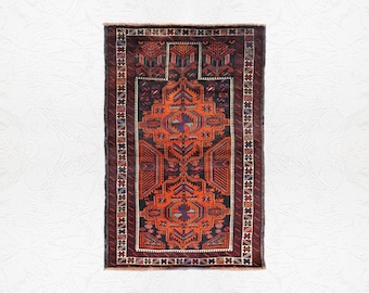 Vintage Baluch Tribal Hand-Knotted Wool Rug – 138 × 86 cm – Deep Indigo & Rust Geometric Nomadic Carpet