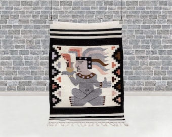 Hand Knotted Pictorial Wool Rug, Tribal Figure Art, Boho Accent (100 x 71 cm)