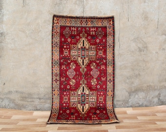 Vintage Red Wool Kazak Rug, Tribal Medallion Runner, 5x3 ft