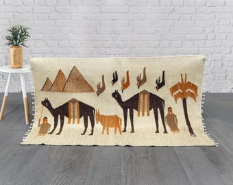 Anatolian Kilim: Handwoven Wool Folk Art Rug with Camels & Birds