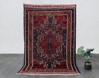 Vintage Red Tribal Wool Rug – Hand-Knotted Oriental Boho Carpet