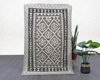 Handmade Afghan Kilim Rug: Neutral Wool Flatweave, 4x2.8 ft