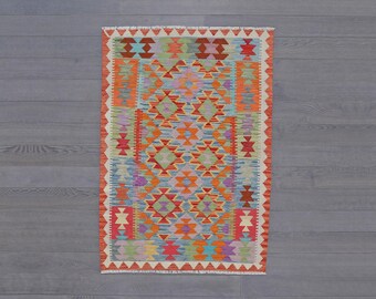Vibrant Handwoven Kilim Rug - Traditional Geometric Wool Tapestry - Ethically Made, Professionally Washed