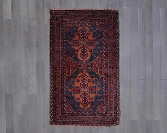 Vintage Baluch Rug — Deep Indigo & Madder Red, Three-Medallion Tribal, Hand-Knotted Wool on Wool