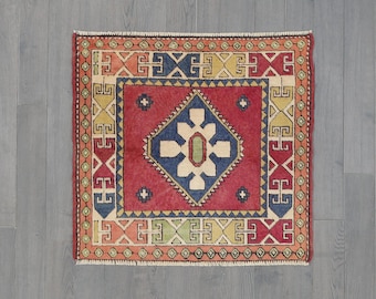 Hand-Knotted Kazak Small Rug, Red & Indigo Medallion, Greek-Key Border, Tribal Wool Carpet