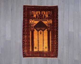 Handwoven Traditional Mosque Prayer Rug - Vintage Wool Carpet with Intricate Geometric and Architectural Motifs