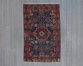 Handmade Wool Area Rug | Navy Blue Tribal Geometric Carpet (4.3 x 2.7 ft)