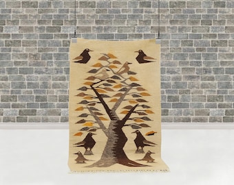 Handwoven Wool Kilim Rug – Tree of Life & Birds, Beige Brown Accent Runner