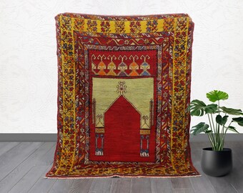Antique Turkish Mihrab Rug: Hand-Knotted Wool Prayer Rug, Tribal Design