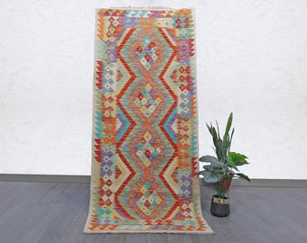 Colorful Maimana Kilim Runner: Handwoven Afghan Wool Rug (6'6" x 2'10")