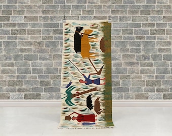 Vintage Folk Art Kilim Rug – Handwoven Wool Pastoral Scene Tapestry