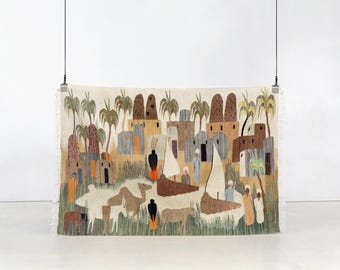 Vintage Egyptian Village Scene Kilim – 4’0” x 2’8” (122 x 82 cm) – Handwoven Wool Flatweave Tapestry Rug with Camels, Boats & Palm Trees