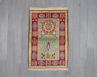 Hand-Knotted Anatolian Prayer Rug — Vintage Wool on Wool Tribal Carpet with Floral & Symbolic Motifs