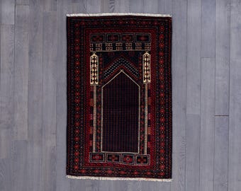 Handwoven Wool Rug: Black & Red Geometric Floral Design, 4.9 x 3.1 ft