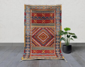 3.7 x 2.1 ft Authentic Vintage Handwoven Kilim Wool Rug, Vibrant Geometric Tribal Design