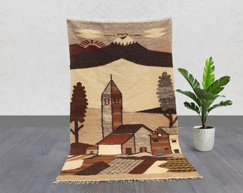 Vintage Anatolian Kilim Rug: Handwoven Village Scene, Earth Tones