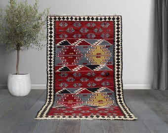 Handwoven Wool Kilim Runner: Madder Red Geometric Design
