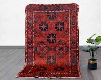 Handwoven Tribal Afghan Rug | Small Red Wool Gul Rug, Vintage Look
