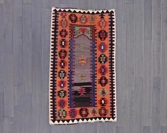 Vintage Nomadic Kilim Rug | Prayer Design Wool Rug, Indigo & Green