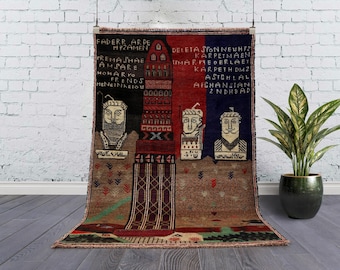 Pictorial Vintage Rug: Hand-Knotted Wool Rug, Minaret & Portraits