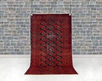 Vintage Ersari “Bokhara” Gul Rug — 184 × 109 cm (6'0" × 3'7") — Hand-knotted Wool, Deep Red Tribal Geometric