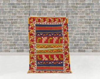 Colorful Anatolian Tribal Animal Rug 104 x 66 cm (3.4 x 2.1 ft) | Hand-Knotted Wool Village Carpet with Horses & Stripes