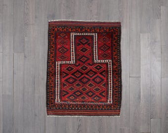 Baluch Vintage Rug | Hand-Knotted Wool | Tribal Geometric Red & Midnight Blue