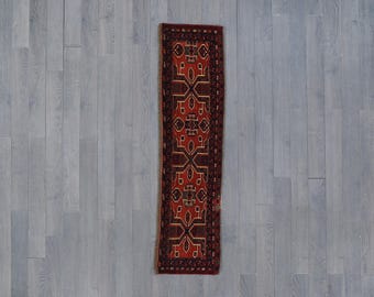 Vintage Afghan Baluch Small Runner  — Terracotta Red & Bottle Green, Tribal Geometric, Wool-on-Wool, Hand-Knotted