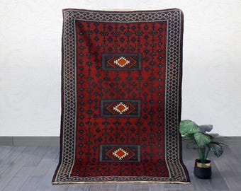 Vintage Baluch Rug: Hand-Knotted Wool, Geometric Medallion, Afghan Tribal Art
