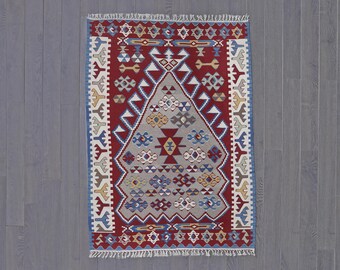 Vintage Geometric Kilim Rug | Handwoven Wool, Gray & Red (5.3 x 3.10 ft)