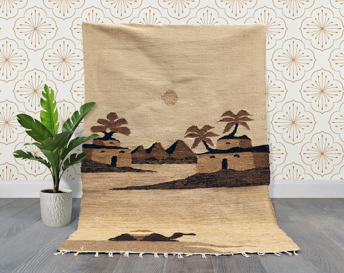 Featured listing image: Vintage Egyptian Kilim: Hand-Woven Wool Camel & Oasis Wall Hanging